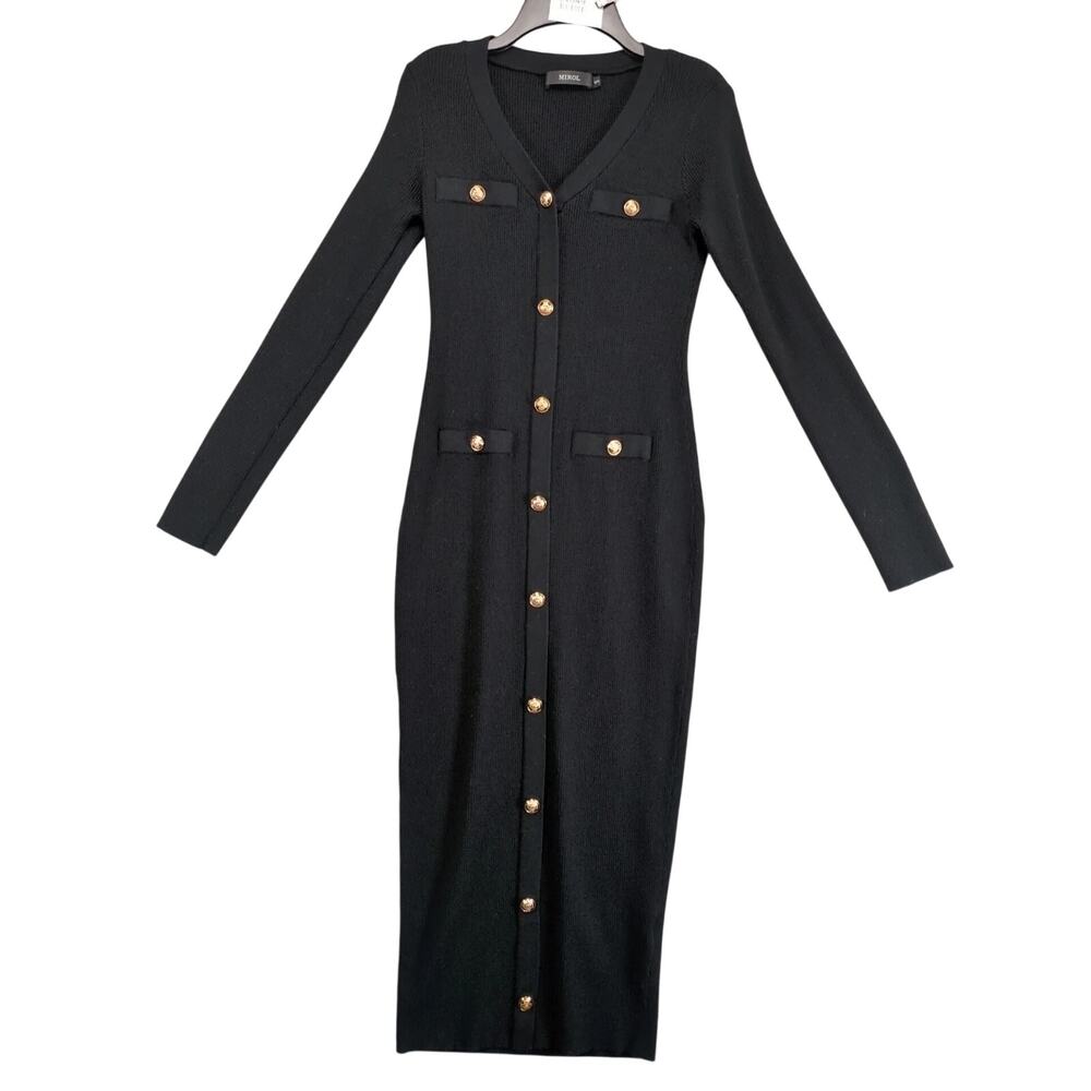 Mirol V-Neck Bodycon Ribbed Knit Sweater Midi Dress Sz S Gold Crest Buttons Chic
